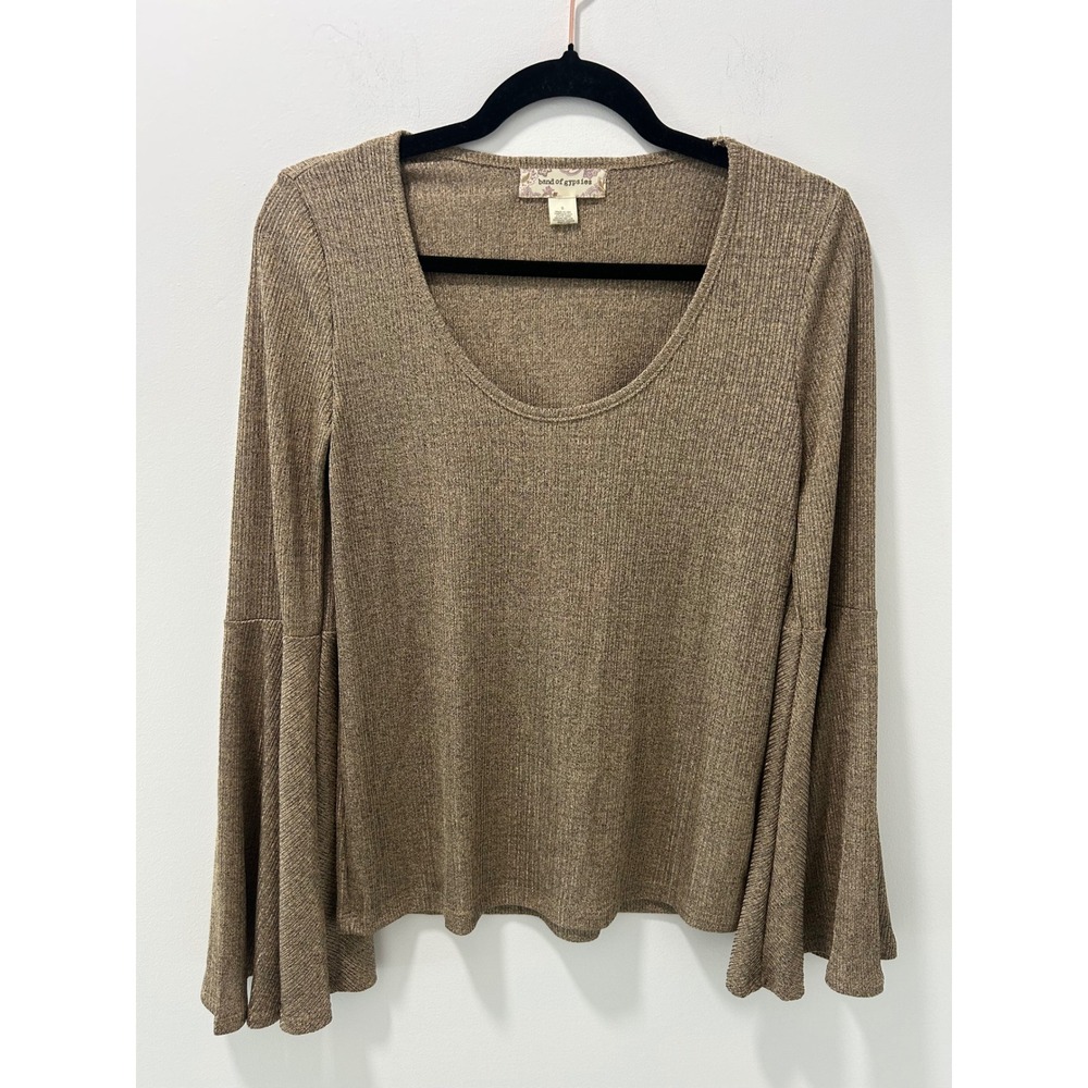 Band of Gypsies Brown Metallic Ribbed Bell Sleeve Scoop Neck Bohemian Top Small